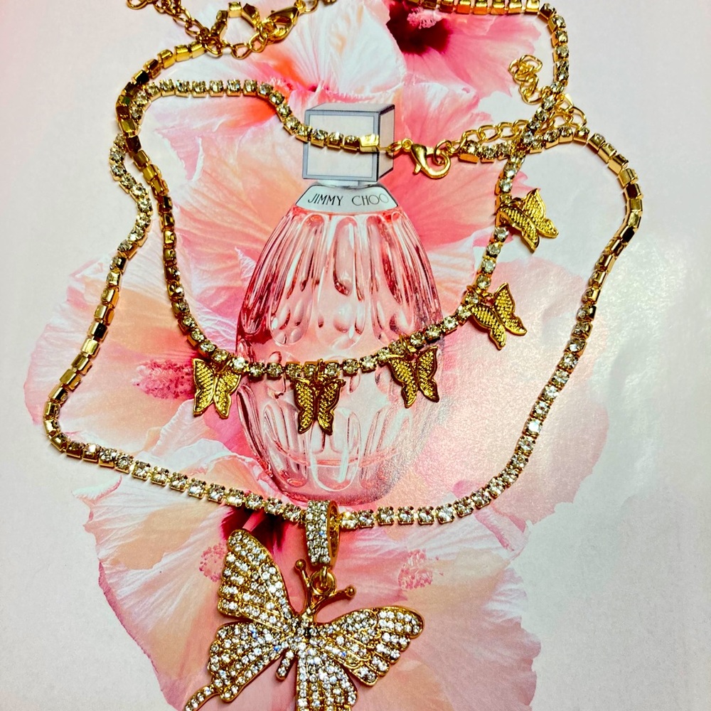 Butterfly 🦋 Two Necklace Rhinestone Hip Hop - Picture 2 of 5